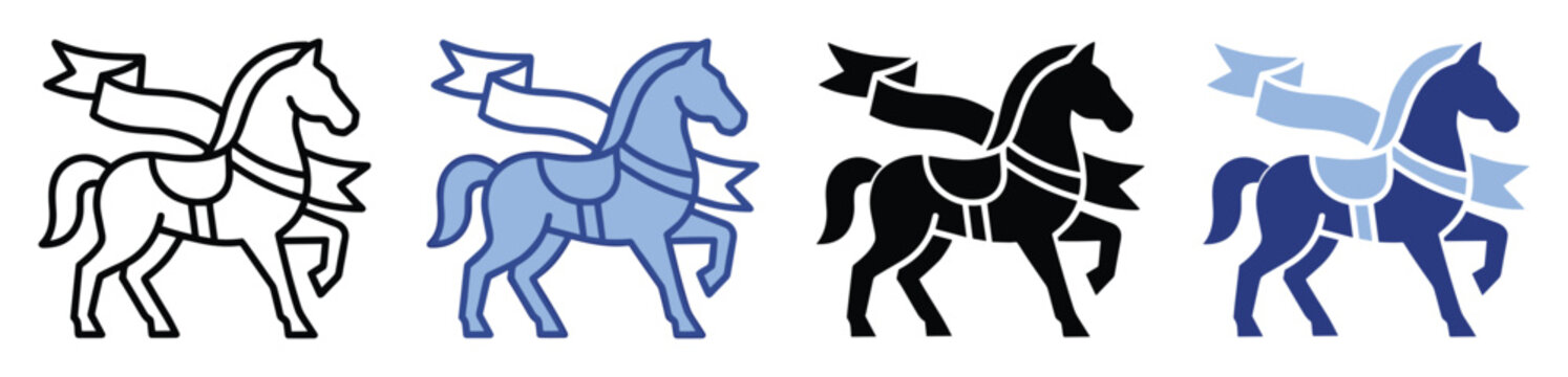 Stylized carousel horse icon set with a flowing ribbon for childrens entertainment and amusement park branding designs