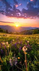 Fototapeta premium A serene landscape of a sunset over a field of wildflowers