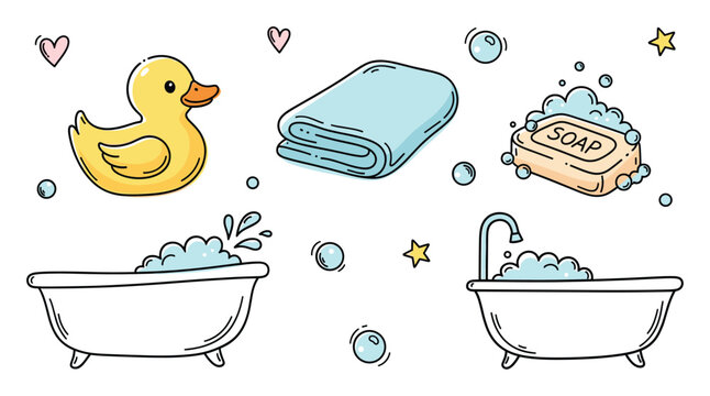 Playful set of bath time essentials featuring a rubber duck, soft towel, soap, and bubbly bathtubs for childrens care promotions