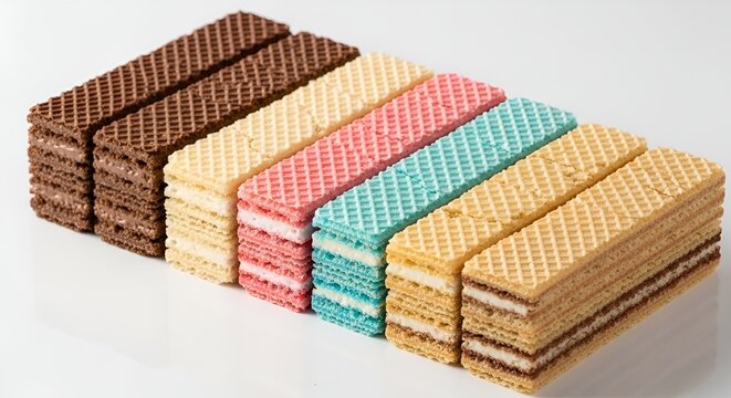 Assorted Colorful Wafer Biscuits with Different Flavors on White Background