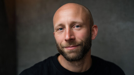 Fototapeta premium Thoughtful man with a beard, a warm smile and a shaved head, posing for a portrait against a dark background