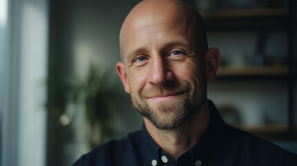 Naklejka premium Smiling man looking directly at the camera with a friendly expression, indoor portrait captures
