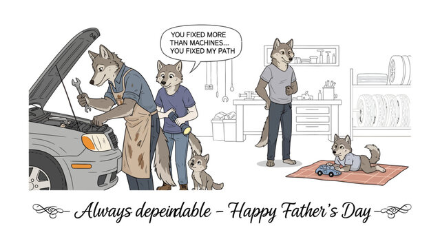 Father's Day Cartoon: A heartwarming cartoon illustration celebrating fatherhood, depicting a wolf-like figure in various scenes of care, guidance, and repair.