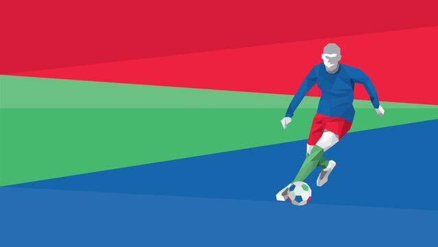 Polygon football player dribbling the ball with grometric colorful background horizontal template have blank space.
