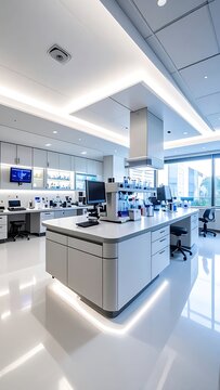 A modern, well-lit laboratory with sleek white countertops and flooring