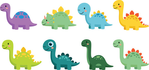 Cute dinosaur cartoon set with colorful baby dino characters stegosaurus and brontosaurus vector illustration for kids © Yevhenii creative