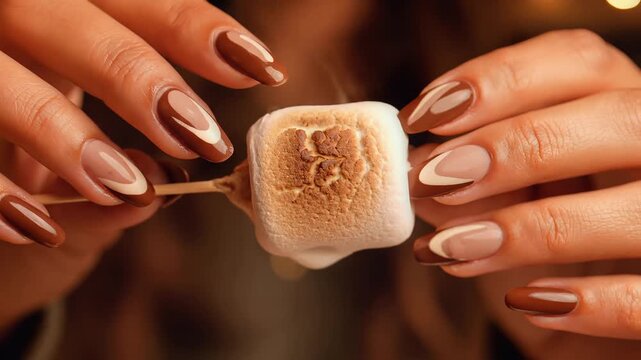 Stylish woman holding a toasted marshmallow with elegant brown manicure in a cozy warm atmosphere.