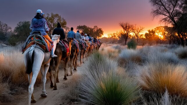 Wide angle landscape of Thar Desert at sunset with camel caravan silhouette on golden dunes under a dramatic orange sky in Rajasthan.