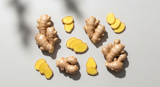 Fresh whole ginger roots and sliced ginger pieces arranged on a light grey background. gember