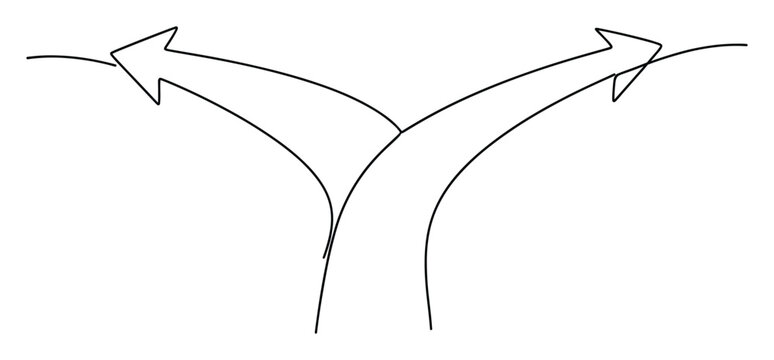 Line drawing of two divergent paths with arrows representing choice, direction, and opportunity in life or business strategy