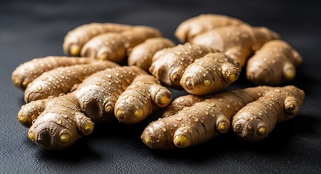 A group of fresh and organic raw ginger roots on a dark textured background. gember