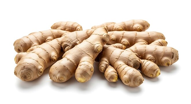 Fresh raw ginger roots isolated on white background for culinary and medicinal use. gember