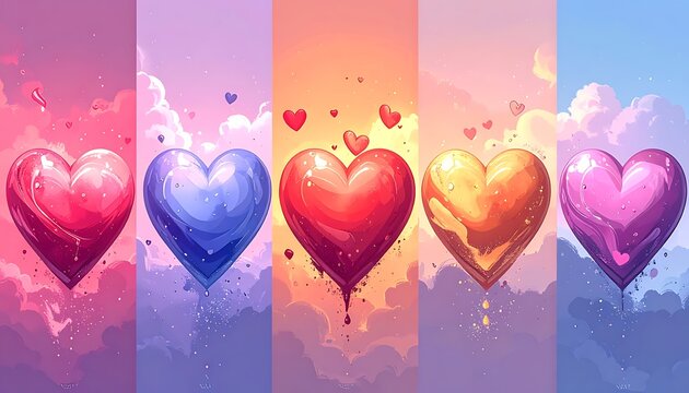 A vibrant digital illustration of five heart-shaped objects