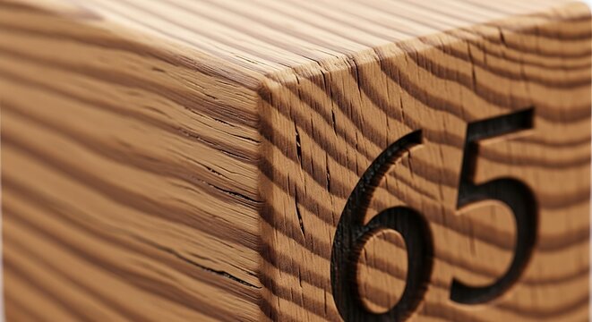 Close up of a wooden block with the number sixty five stamped on its side