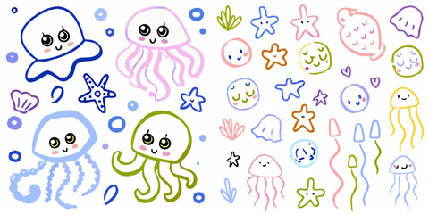 Cute hand drawn kawaii jellyfish and sea life illustrations on white background © Subarna