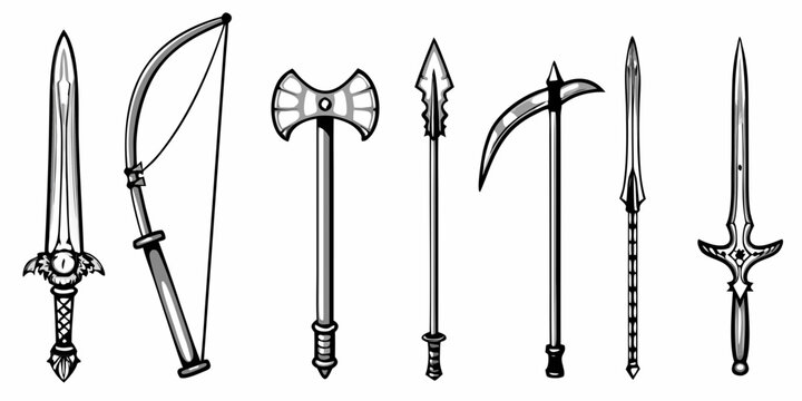 A collection of vintage medieval weapons displayed in a monochrome style