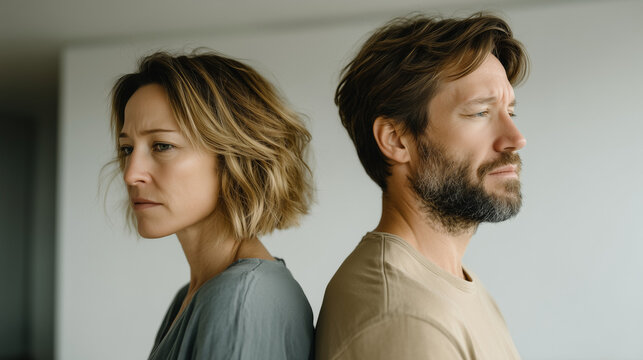 Silent Disconnect: A couple stands back-to-back, their body language conveying emotional distance and unresolved tension, exploring themes of separation.
