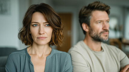 Obraz premium Couple's Emotional Rift: An intimate portrait of a couple, each lost in their own thoughts and emotions, capturing a moment of unspoken conflict and inner turmoil.