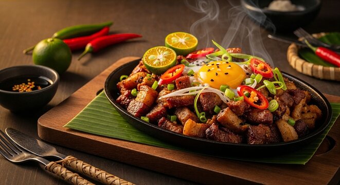 Filipino sisig sizzling on cast-iron plate