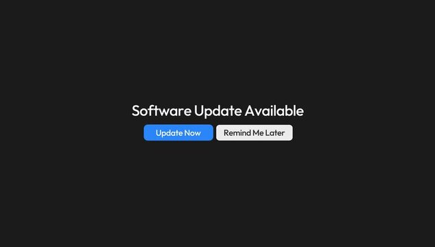 Software update notification appears on computer screen with buttons to update now or remind me later.