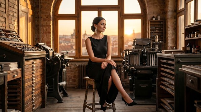Woman sitting on stool in printing office with vintage machines around her at sunset