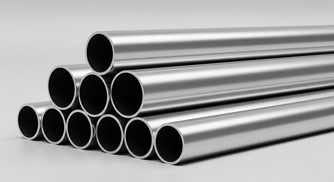 Stack of polished stainless steel pipes arranged in a triangular pile for industrial use. rury stalowe