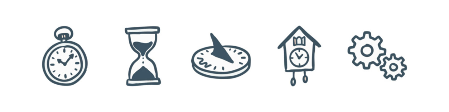 History of timekeeping and horology icons featuring sundial, hourglass and clocks