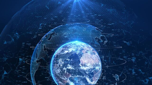 Futuristic digital globe of Earth glowing data points network connections dark background. Global Digital Earth Data Network Technology World technology. 3d animation Worldwide links on planet earth