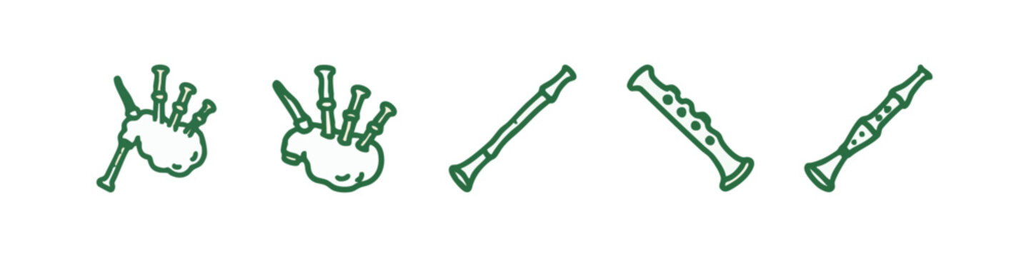 Traditional Woodwind Musical Instruments Icon Set with Bagpipes and Flute