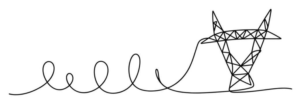 Single line drawing of an electricity pylon linked by a flowing power transmission line for energy sector designs