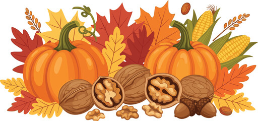 Autumn Harvest Composition with Pumpkins, Walnuts, Corn, Acorns, and Colorful Fall Leaves for Seasonal Design, Thanksgiving Themes, and Organic Food Illustration © MSTJANNATUN