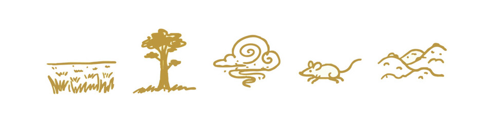 Gold hand-drawn icons depicting nature elements and small creatures © liubomir118809