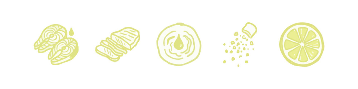 Hand-drawn food icons: salmon, onion, salt, lemon slice in yellow