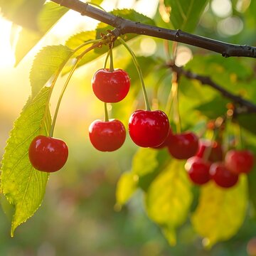 A close-up of ripe red cherries hanging from a tree branch (1)