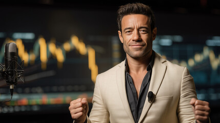 Obraz premium Confident Speaker and Analyst: A poised man, dressed professionally, presents a financial analysis, using insightful expertise to captivate an audience