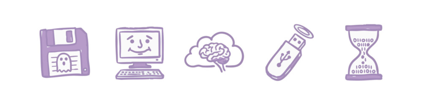 Doodle icons: floppy disk, computer, brain in cloud, USB drive, hourglass