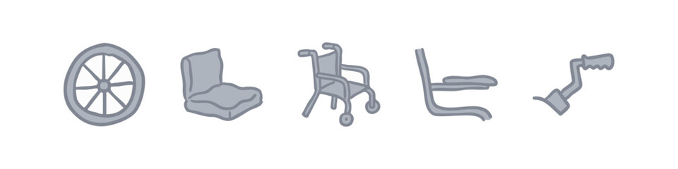 Obraz premium Set of 5 hand-drawn icons: wheel, seat, wheelchair, chair armrest, handle