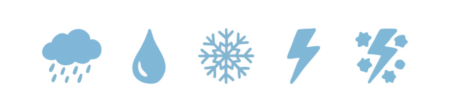 Set of 5 hand-drawn icons: cloud with rain, water drop, snowflake, lightning bolt, storm