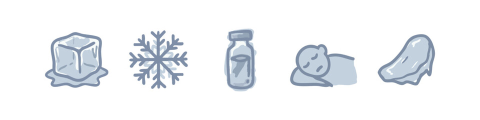 Fototapeta premium Set of 5 doodle icons: melting ice cube, snowflake, vial, sleeping figure, melting shape.