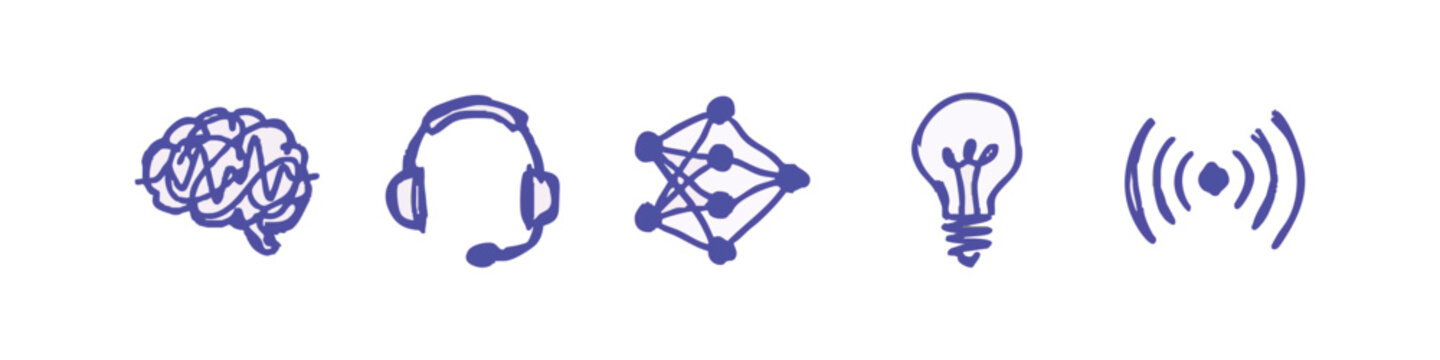 Set of 5 doodle icons: brain, headphones, network, lightbulb, wifi symbol.