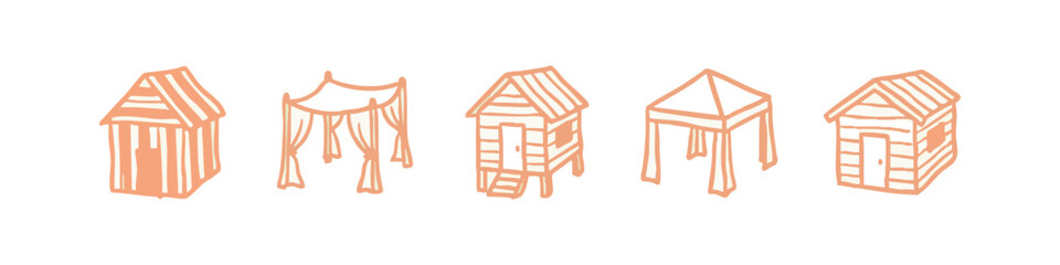 Obraz premium Peach doodle icons of huts and shelters: beach hut, cabana, canopy.
