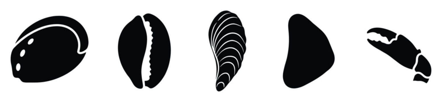 Collection of diverse black shellfish and crustacean silhouettes for seafood industry promotion and culinary presentations