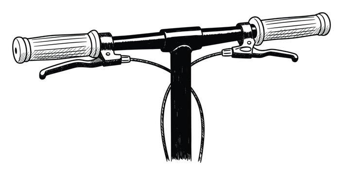 Monochrome line art drawing of a scooter handlebar with hand grips and brake levers for sports and urban mobility themes