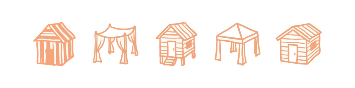 Peach doodle icons of huts and shelters: beach hut, cabana, canopy.