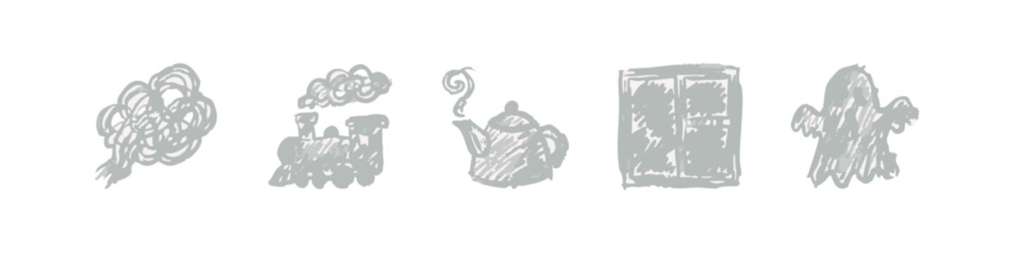 Hand-drawn grey doodles of smoke, train, teapot, window, ghost
