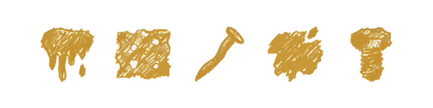 Hand-drawn gold icons of melting substances, cheese, nail, and screw