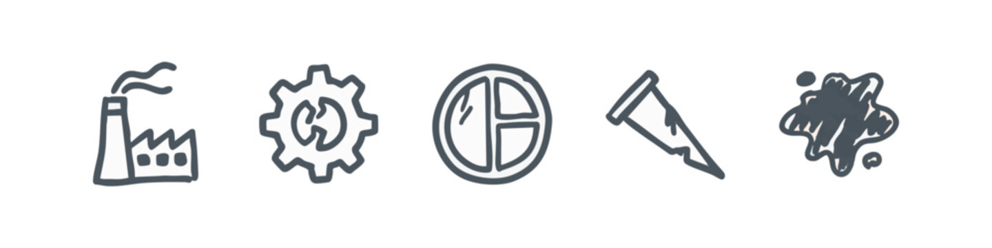 Hand-drawn icons: factory, gear, pie chart, pizza slice, ink splash