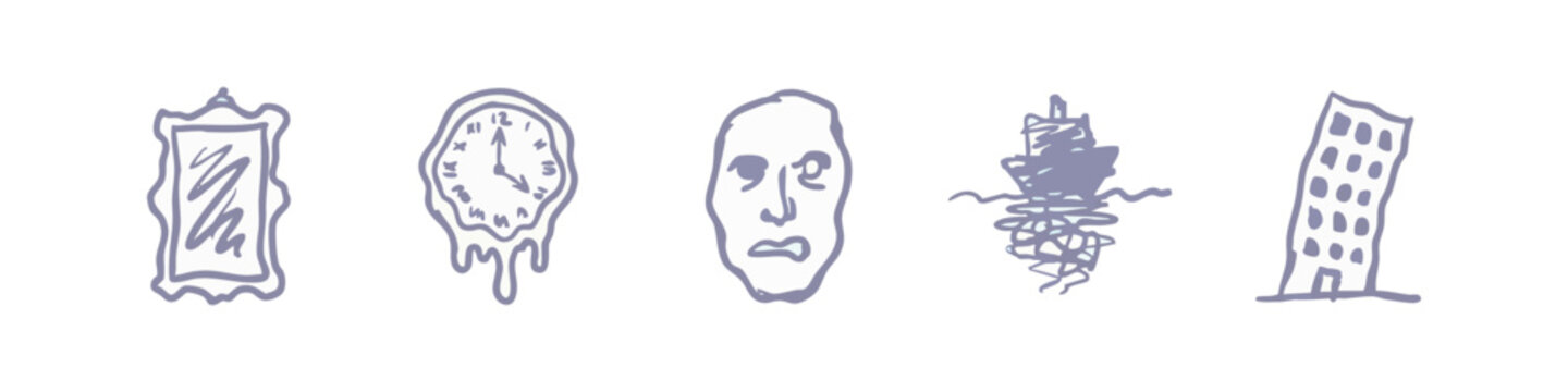 Hand-drawn icons: melting clock, face, ship, building, distorted frame