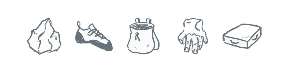 Rock Climbing Gear and Equipment Icons: Rock, Shoe, Chalk Bag, Chalk, Equipment © liubomir118809