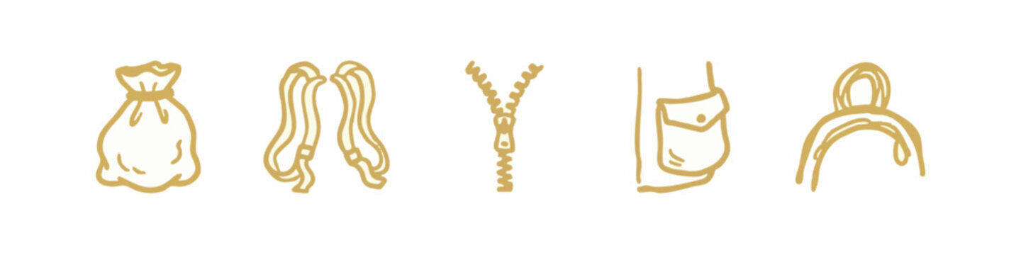 Hand-drawn bag and accessory icons: drawstring bag, straps, zipper, pouch, handle